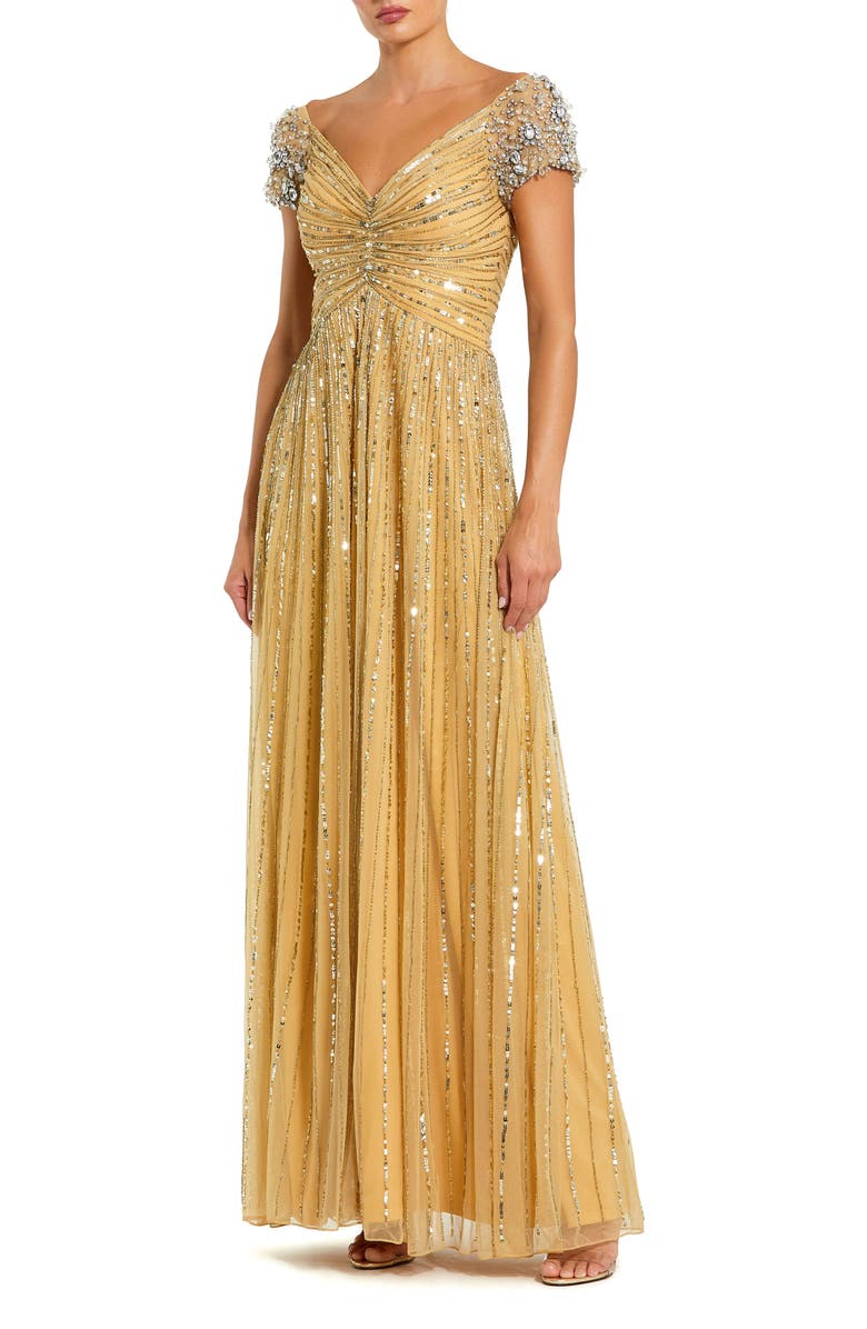 Mac Duggal Striped Sequin Mesh Gown With Beaded Shoulders, Main, color, Gold
