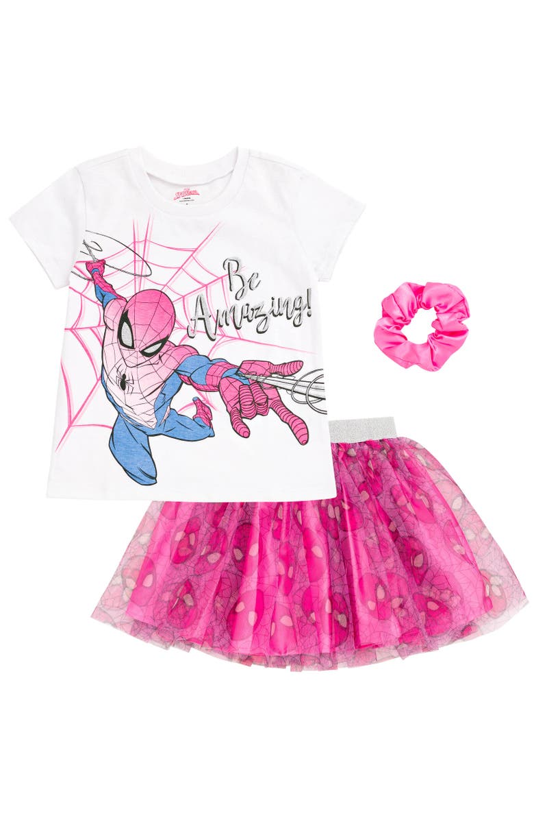 Marvel Spider-Man T-Shirt Skirt & Scrunchie Set, Main, color, White / Pink