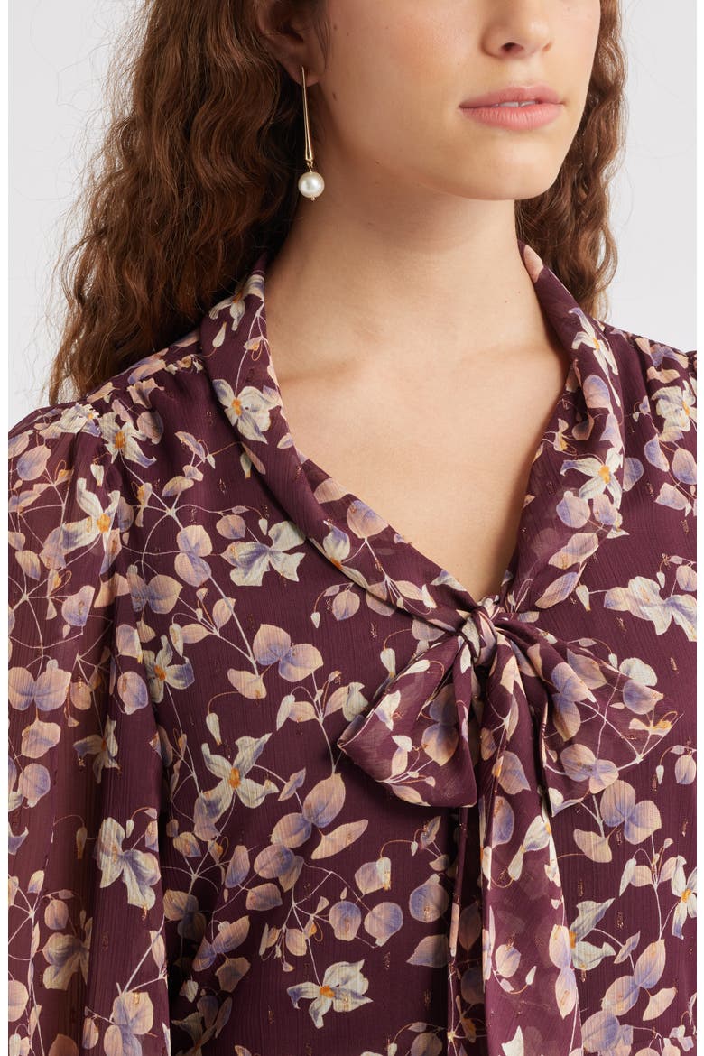 Metallic Tie Neck Long Sleeve Tiered Dress, Alternate, color, BURGUNDY- PINK MAPLE FLORAL