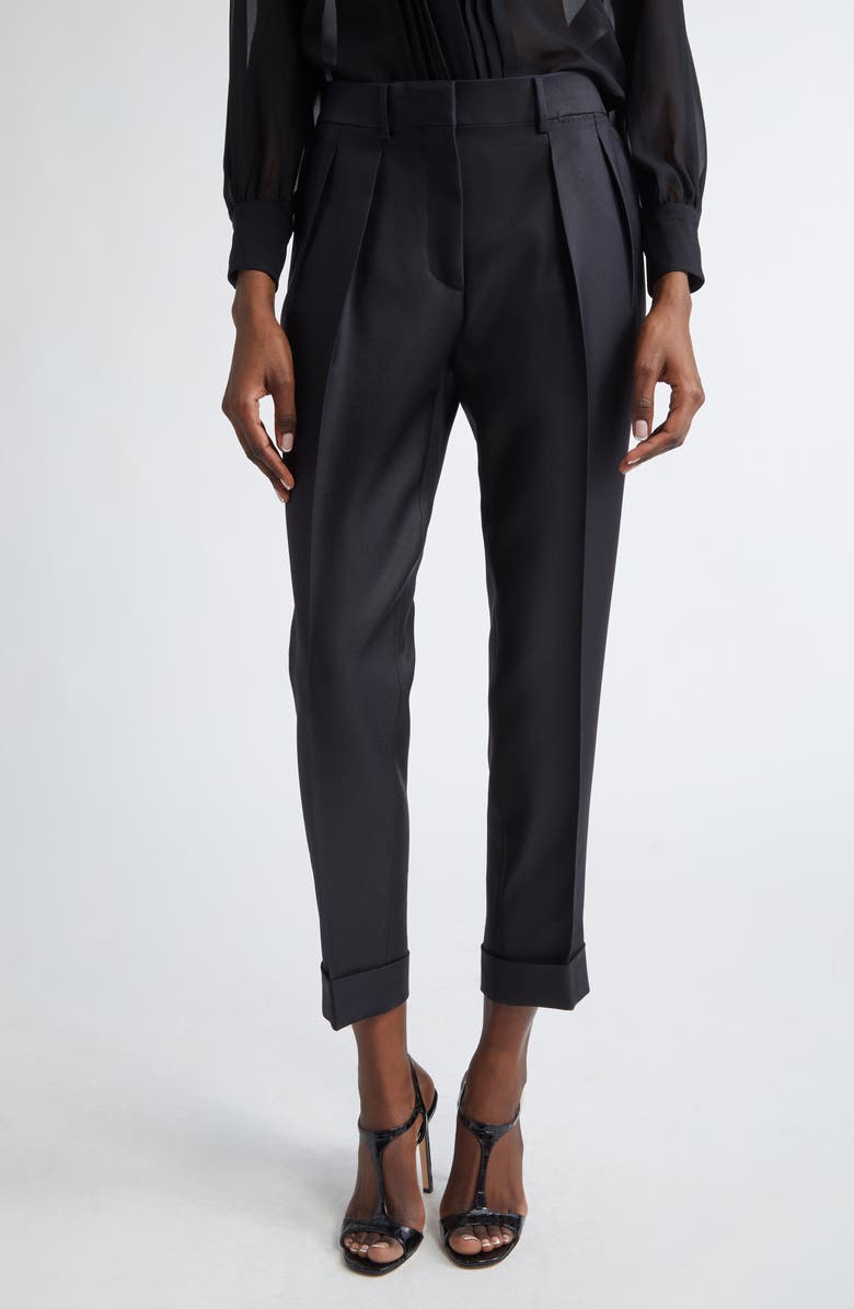 TOM FORD Pleat Front Wool & Silk Twill Pants, Main, color, Lb999 Black