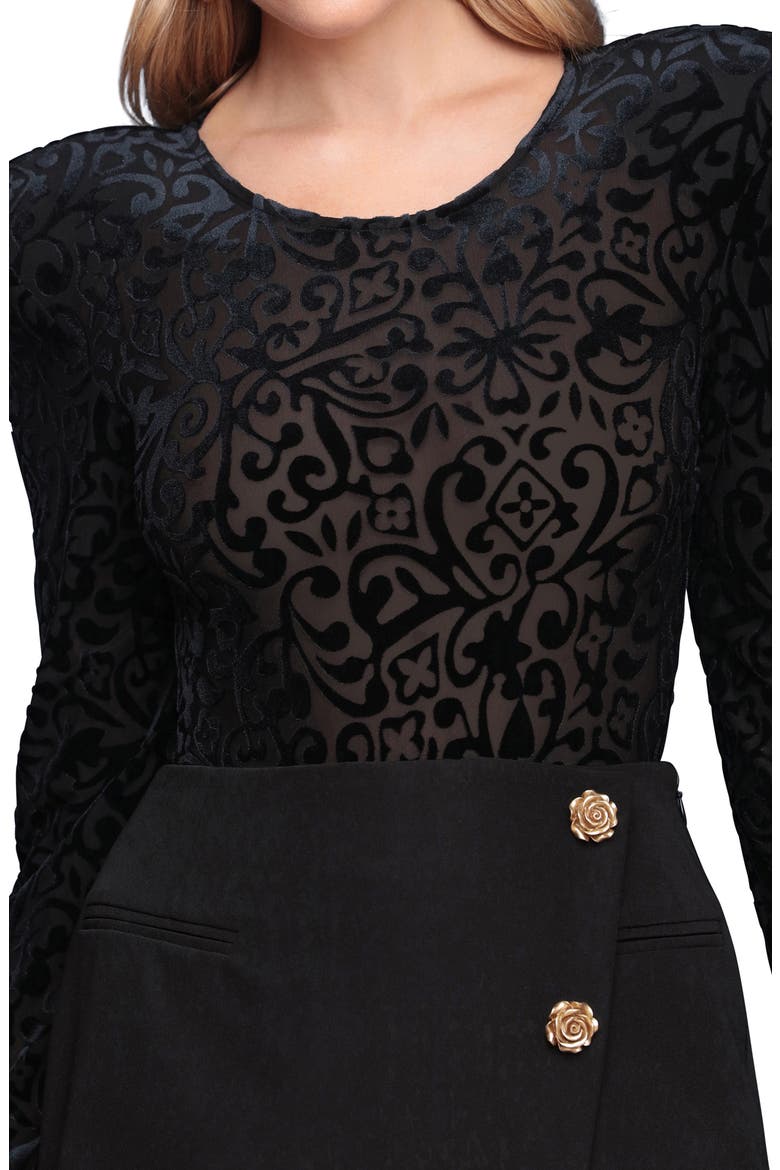 Open Back Flocked Bodysuit, Alternate, color, BLACK