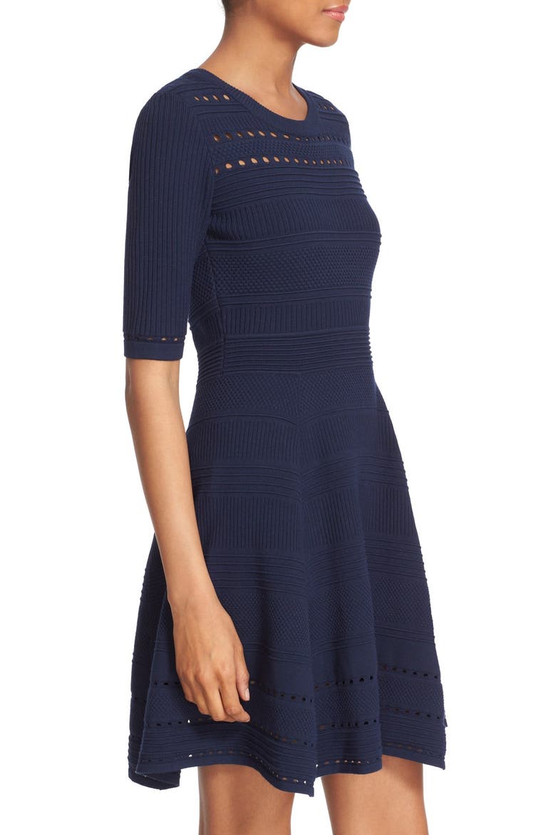Mixed Stitch Texture Knit Fit & Flare Dress, Alternate, color, NAVY