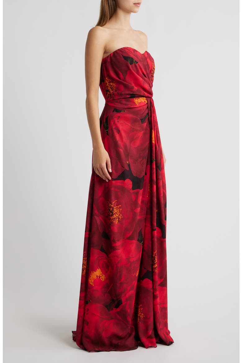 Floral Strapless Georgette Gown, Alternate, color, RED
