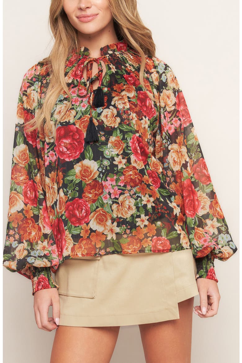 Floral Tie Neck Long Sleeve Top, Alternate, color, BLACK/RED