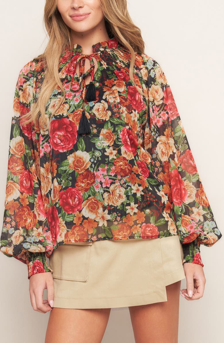 FLYING TOMATO Floral Tie Neck Long Sleeve Top, Alternate, color, Black/Red