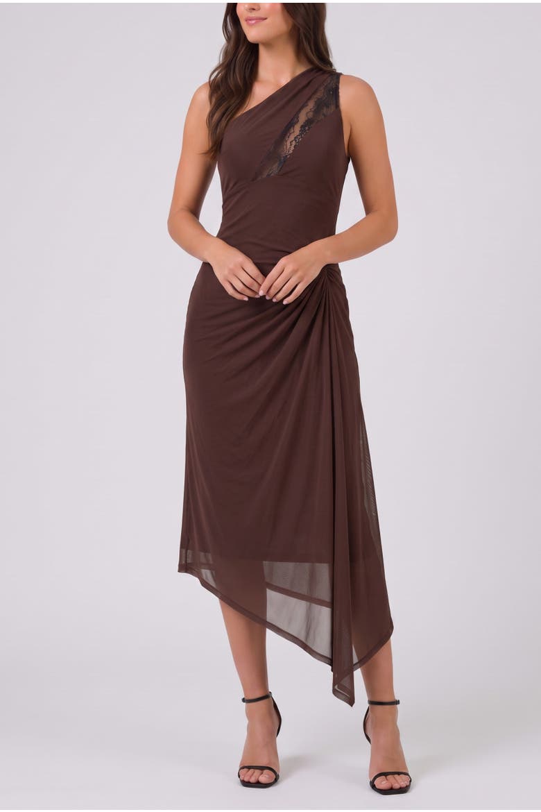 Kaia Lace One-Shoulder Midi Dress, Alternate, color, Rum Raisin