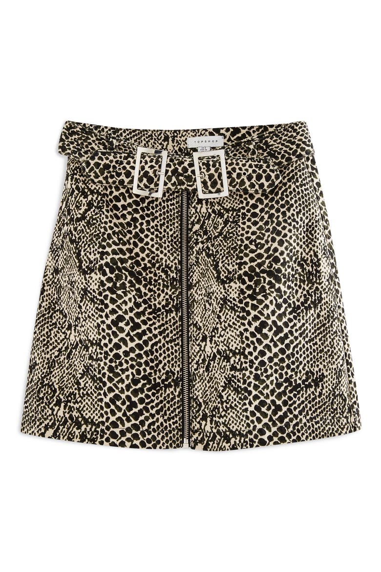 Snake Print Buckle Denim Skirt, Alternate, color, CREAM MULTI