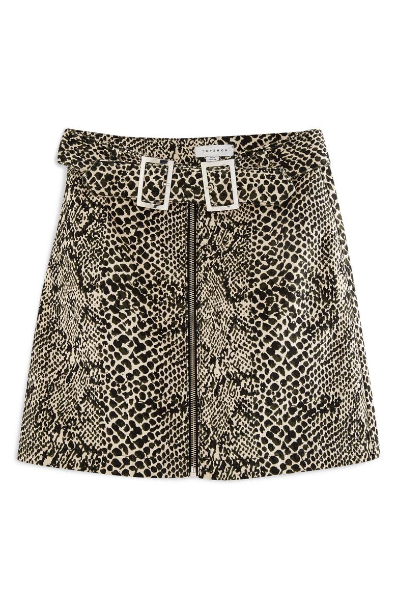 Topshop Snake Print Buckle Denim Skirt, Alternate, color, 