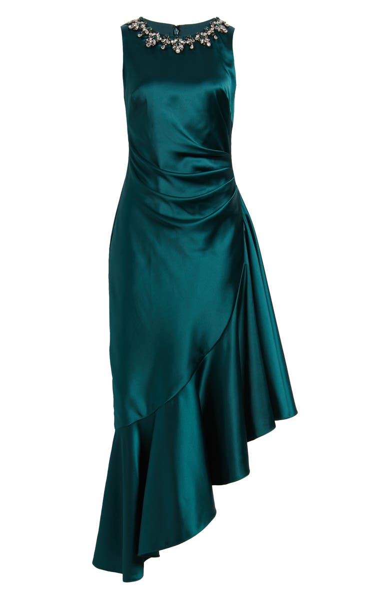 Eliza J Embellished Neck Sleeveless Stretch Satin Cocktail Dress, Alternate, color, Hunter