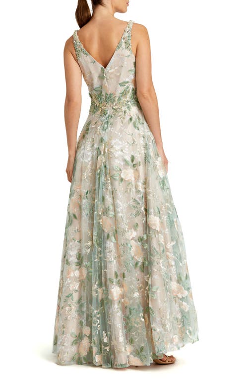 Mac Duggal Floral Embroidered Illusion V-neck Gown In Cream Multi