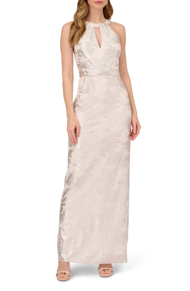 Adrianna Papell Foil Floral Embroidered Column Gown, Main, color, 