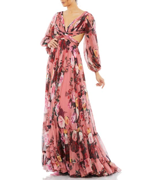 Mac Duggal Floral Cutout Open Back Blouson Sleeve Dress