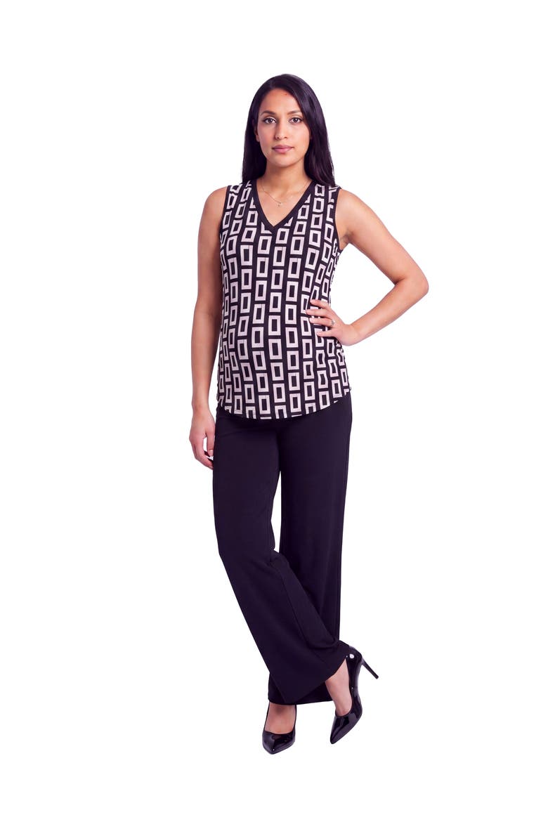Maternity Essential Geometric Print V-Neck Round Hem Top and Flared Pant Set, Main, color, Black Multi