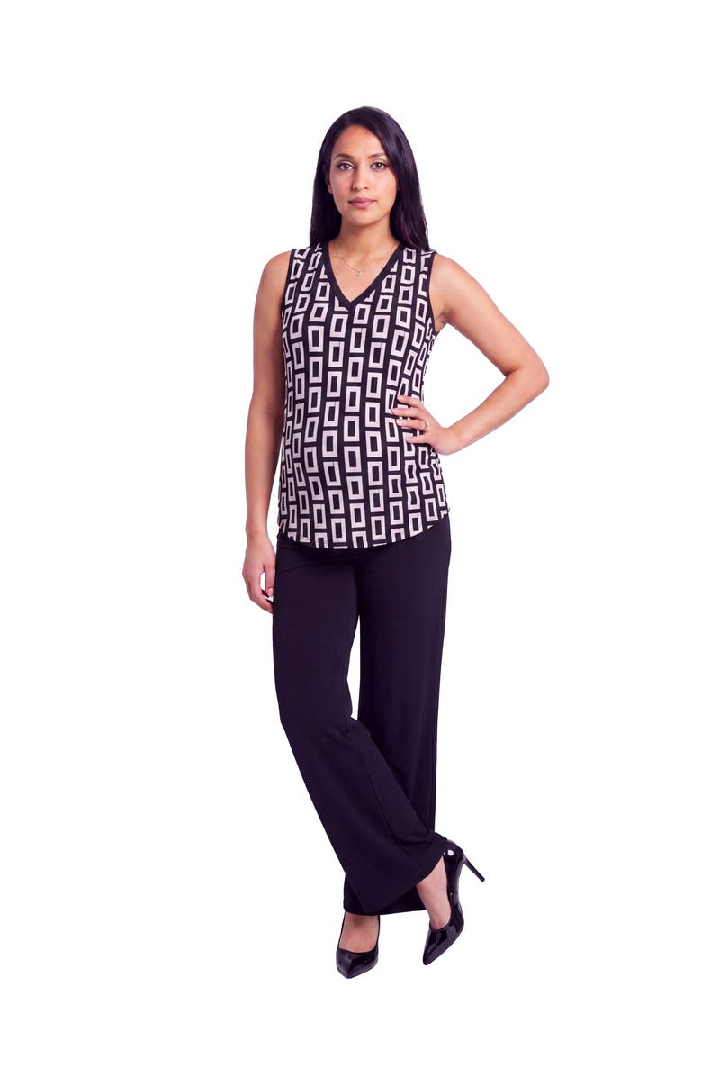 24seven Comfort Apparel Maternity Essential Geometric Print V-Neck Round Hem Top and Flared Pant Set, Main, color, Black Multi