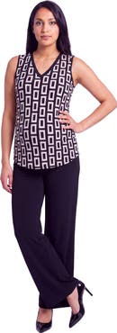 24seven Comfort Apparel Maternity Essential Geometric Print V-Neck Round Hem Top and Flared Pant Set