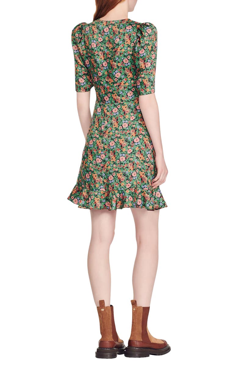 SANDRO Plumeria Floral Puff Sleeve Minidress, Alternate, color, Green Orange
