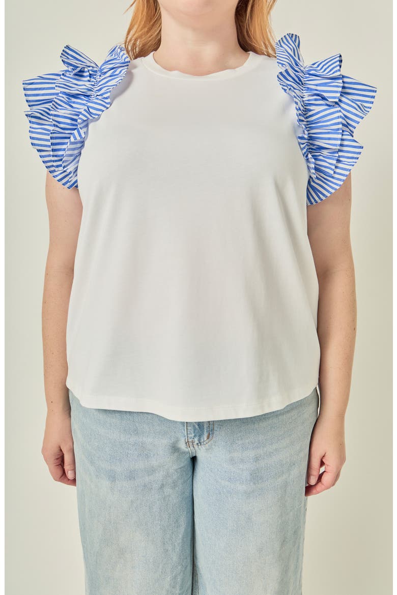 Mixed Media Ruffle Detail T-Shirt, Alternate, color, WHITE/ BLUE STRIPE
