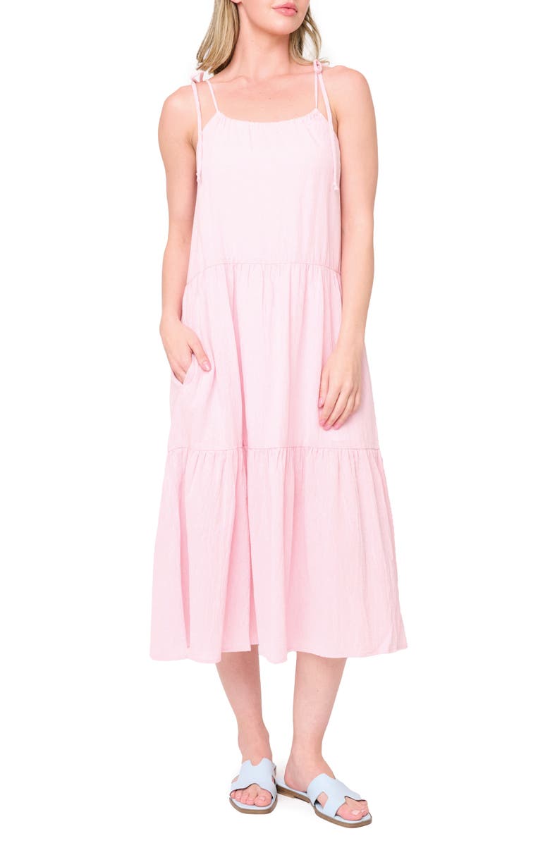 GIBSONLOOK Tie Strap Tiered Midi Dress, Main, color, Washed Rose