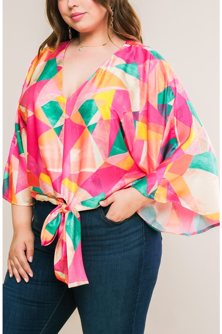 Tie Front Print Top, Alternate, color, FUCHSIA TURQUOISE