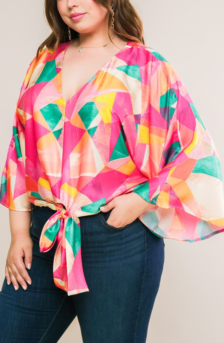 FLYING TOMATO Tie Front Print Top, Alternate, color, Fuchsia Turquoise