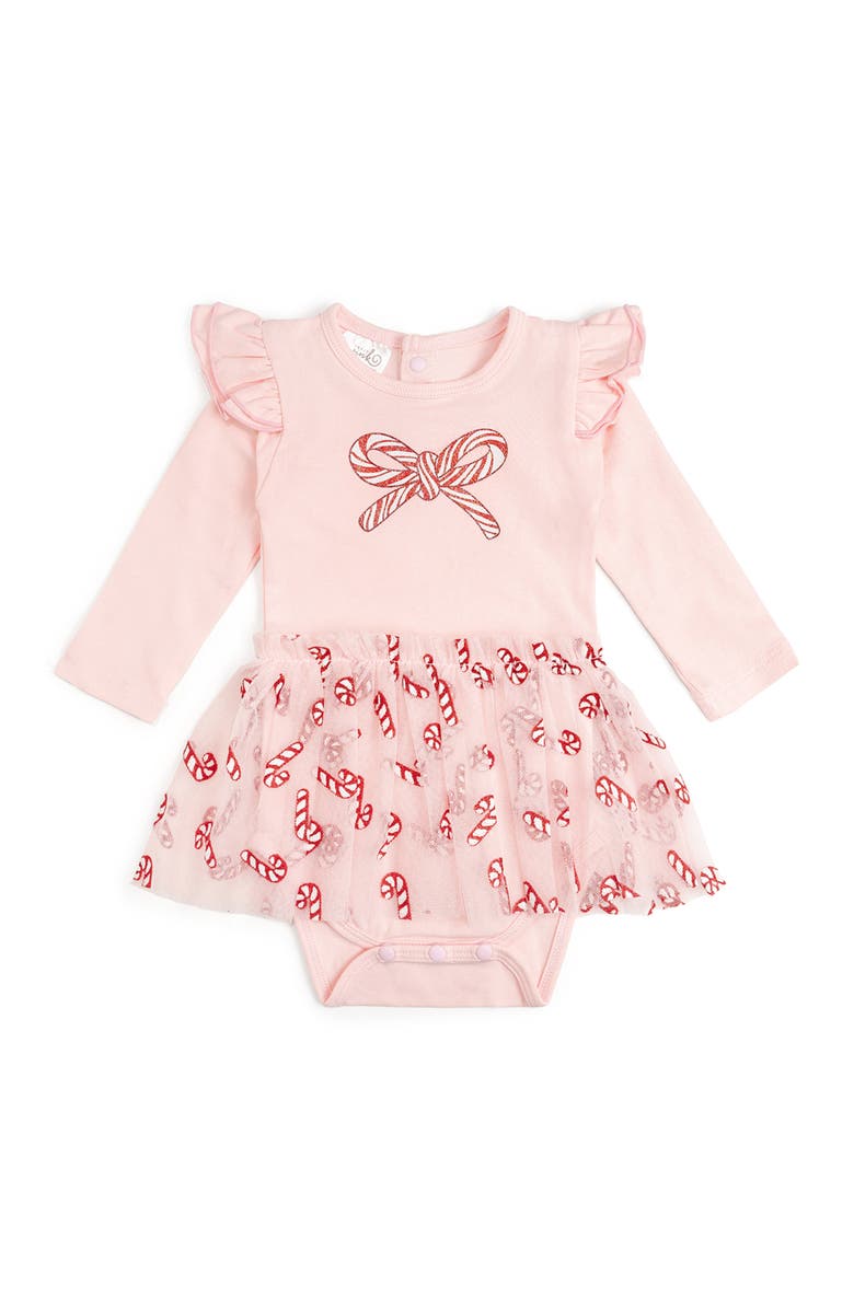 Sweet Wink Candy Cane Confetti Christmas Long Sleeve Tutu Bodysuit, Main, color, Pink