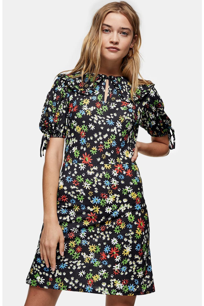 Floral Print Minidress, Alternate, color, BLACK MULTI