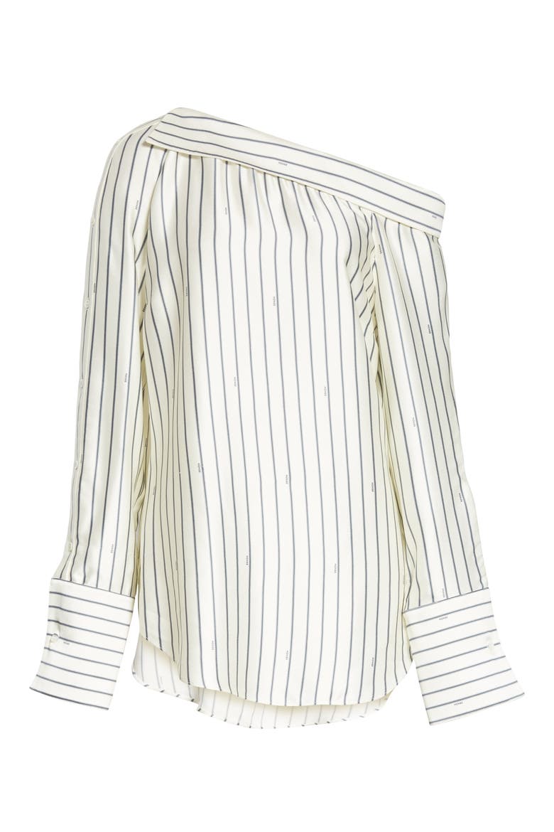 Off the Shoulder Pinstripe Silk Blouse, Alternate, color, IVORY/ NAVY