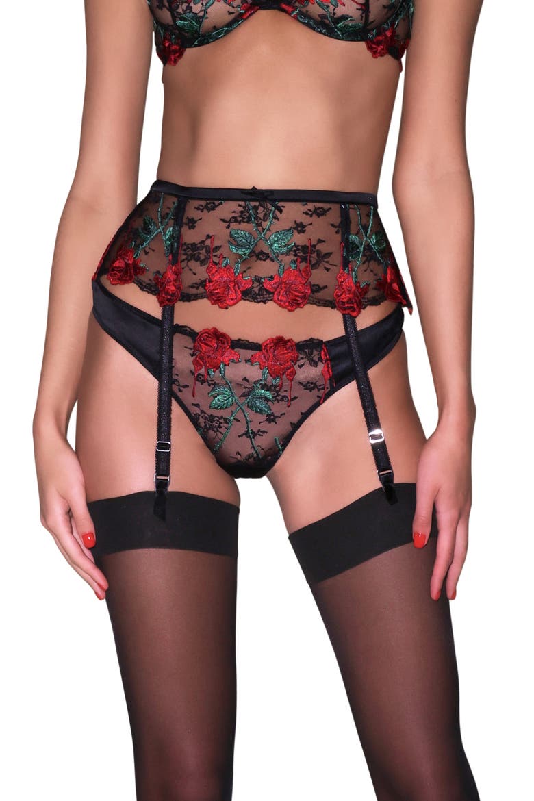 Bleeding Rose Embroidered Garter Belt, Alternate, color, BLACK