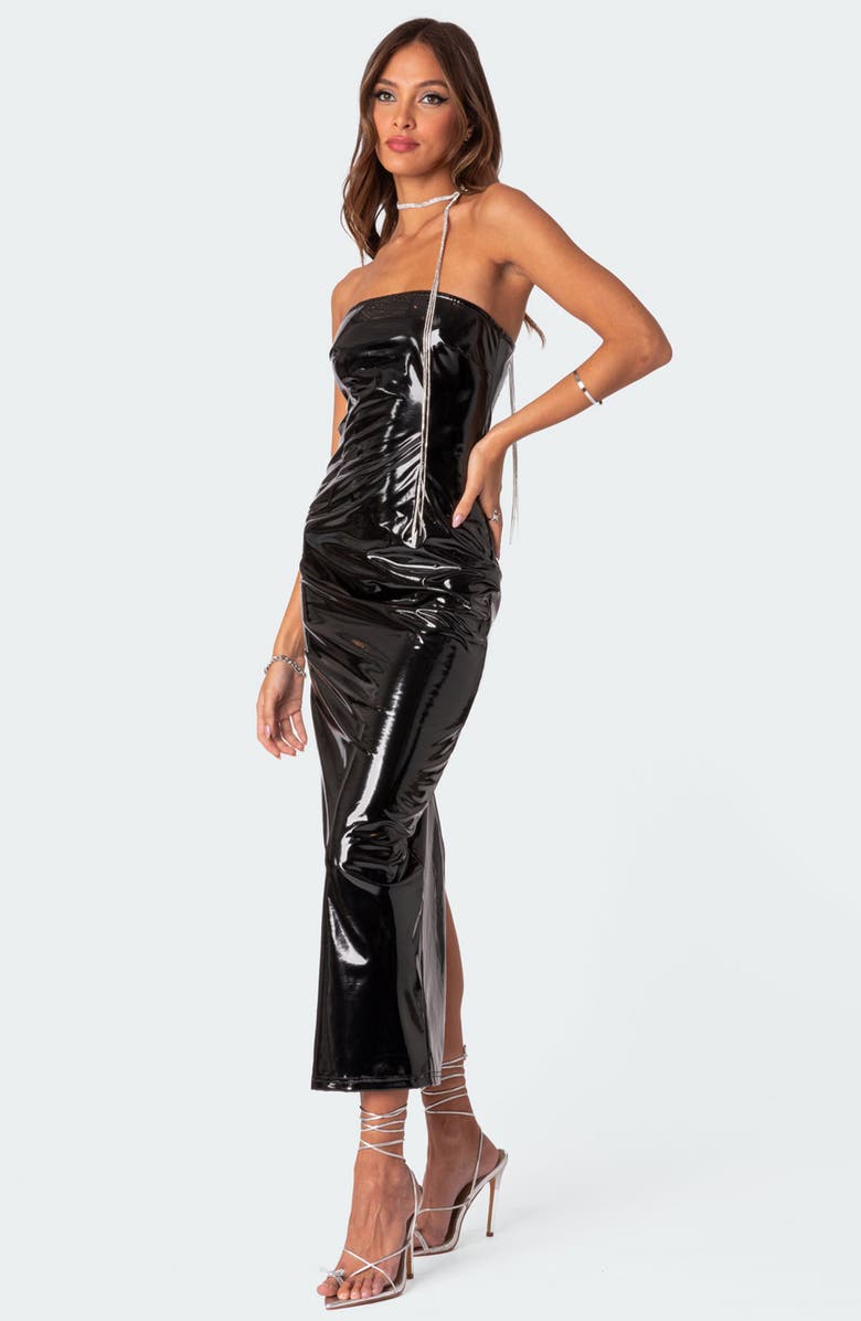EDIKTED Vegas Patent Faux Leather Strapless Midi Dress, Alternate, color, Black