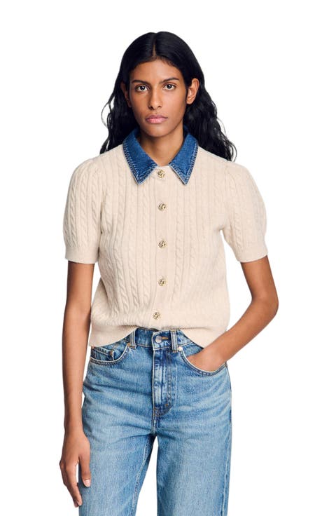 Cardigan with detachable denim collar
