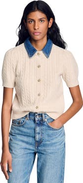 SANDRO Cardigan with detachable denim collar