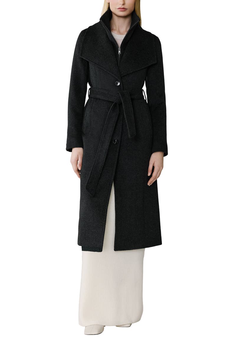 Ilana Bib Detail Wool Blend Trench Coat, Main, color, BLACK HEATHER