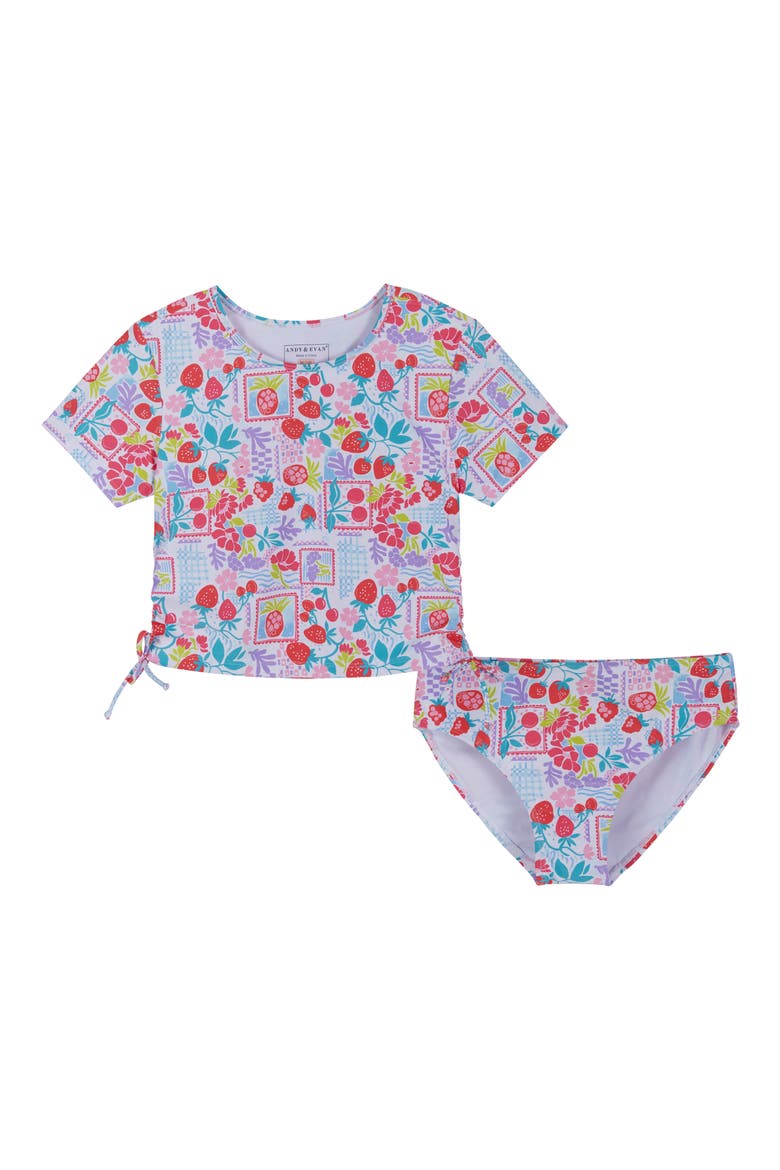 Kids' Short Sleeve Two-Piece Rashguard Swimsuit, Main, color, WHITE MULTI