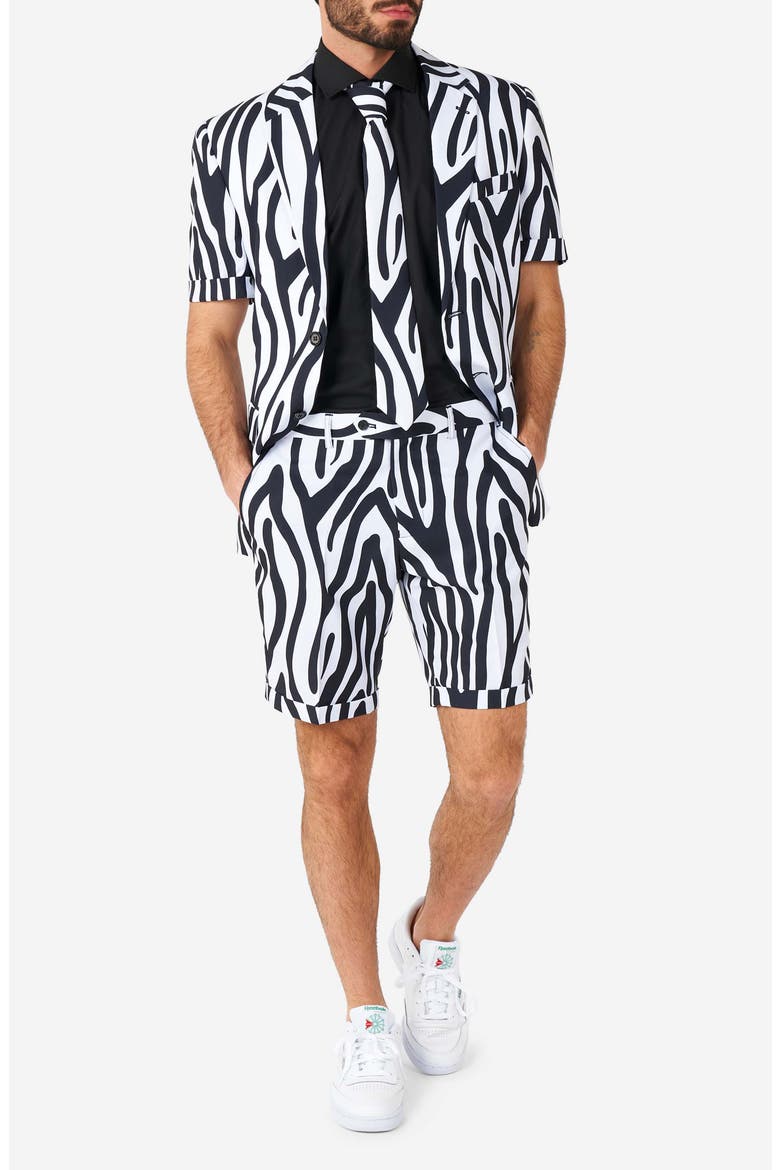 Zazzy Zebra Summer Trim Fit Two-Piece Short Suit with Tie, Main, color, BLACK