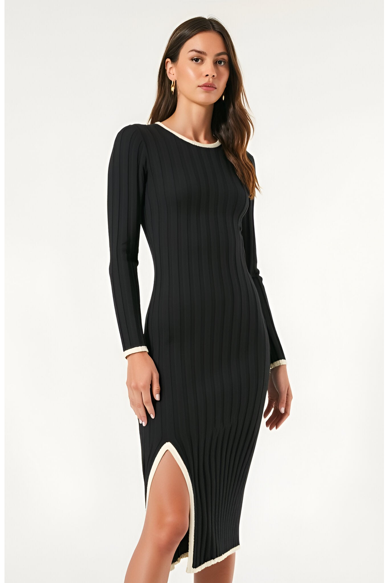 Ribbed Knit Long Sleeve Midi Dress with Contrast Trim and Side Slit, Alternate, color, Black / White