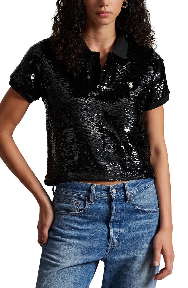 Polo Ralph Lauren Sequin Crop Polo, Main, color, Polo Black