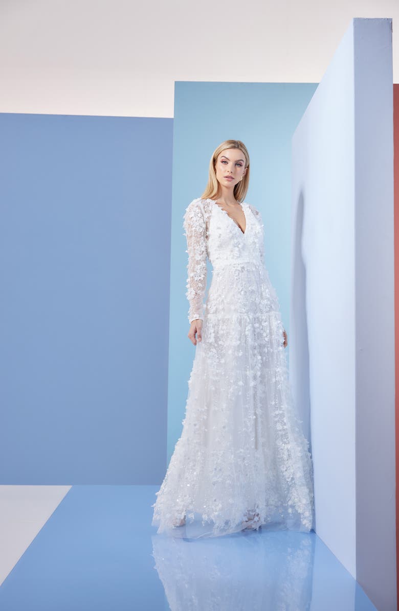 Dress the Population Angelina Long Sleeve Gown, Alternate, color, 