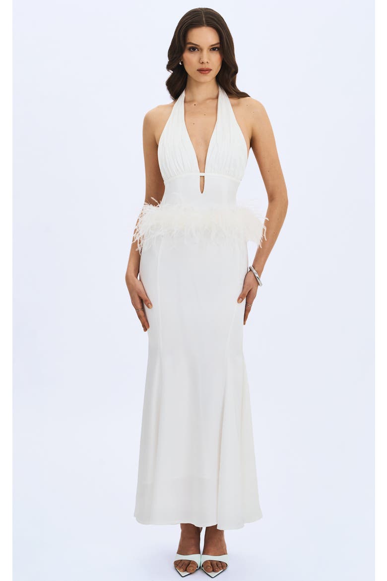Solene Pleated Halter Backless Faux Feather Trim Maxi Dress, Main, color, White