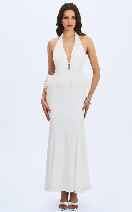 Solene Pleated Halter Backless Faux Feather Trim Maxi Dress