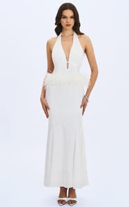 Miss Circle Solene Pleated Halter Backless Faux Feather Trim Maxi Dress
