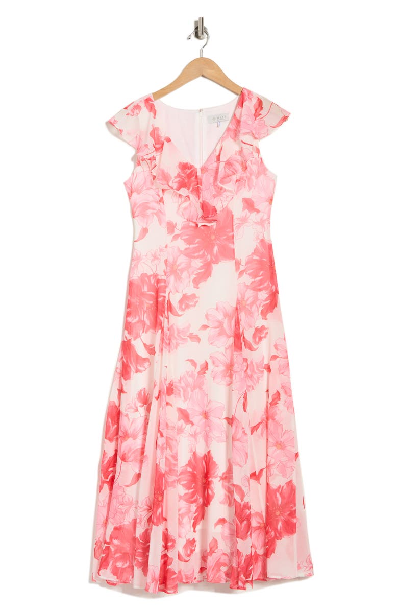 WAYF Floral Godet Midi Dress, Main, color, Ivory Hibiscus