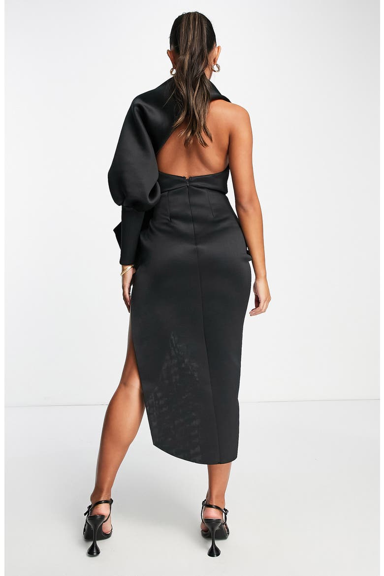 One-Sleeve Asymmetric Ruched Satin Cocktail Dress, Alternate, color, BLACK
