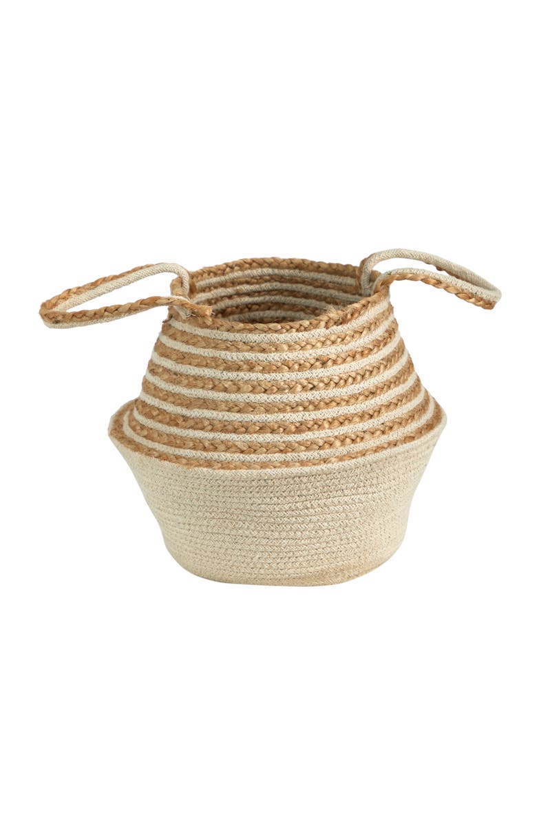 NEARLY NATURAL 14-in Boho Chic Belly Basket Natural Jute and Cotton Basket Planter, Cream Cotton Bottom Natural Top with Handles, Main, color, Beige