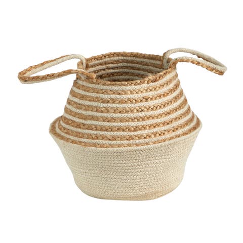 14-in Boho Chic Belly Basket Natural Jute and Cotton Basket Planter, Cream Cotton Bottom Natural Top with Handles