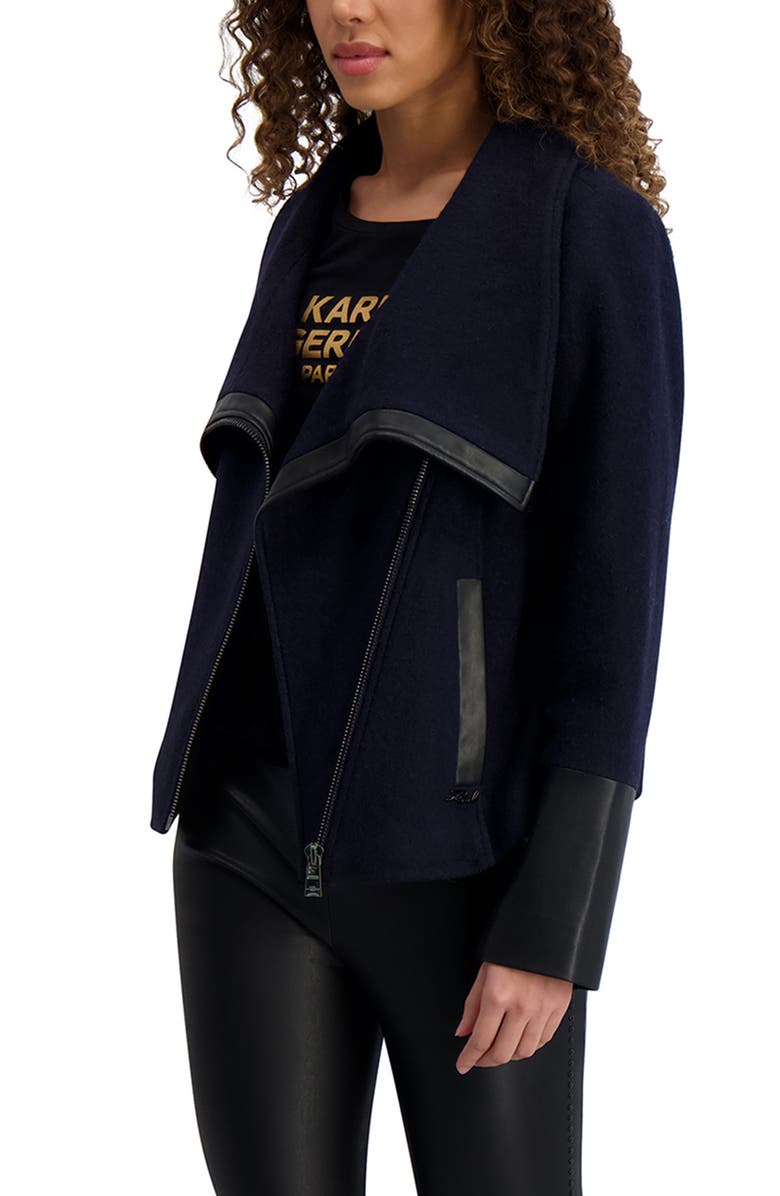 KARL LAGERFELD PARIS Wool Blend & Faux Leather Asymmetric Jacket, Alternate, color, Navy