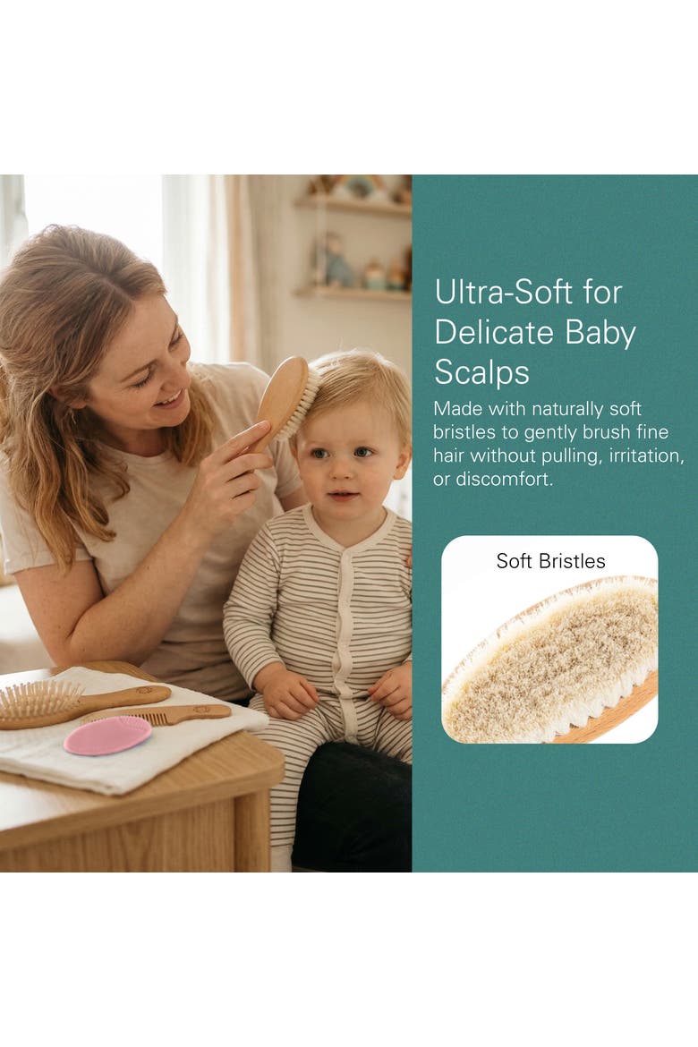 Wooden Baby Hair Brush with Soft Bristle and Comb Set, Alternate, color, Pink