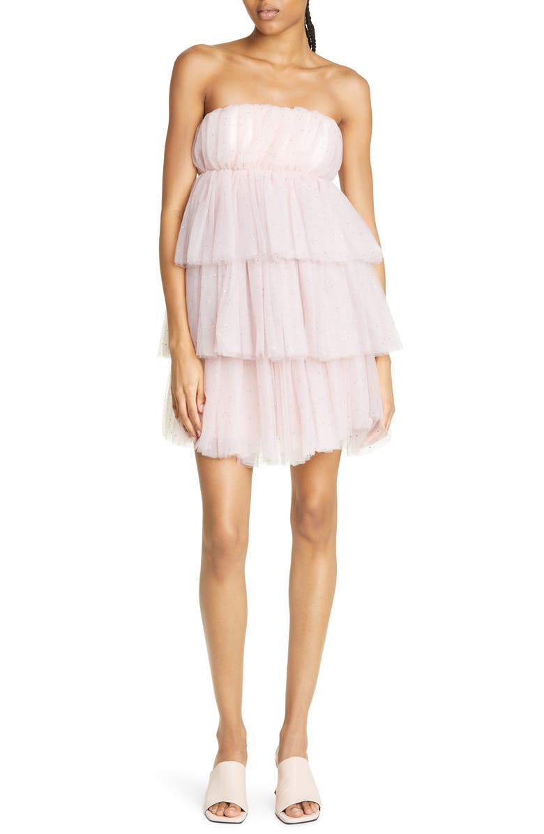 ROTATE Crystal Embellished Tiered Strapless Tulle Minidress, Main, color, 
