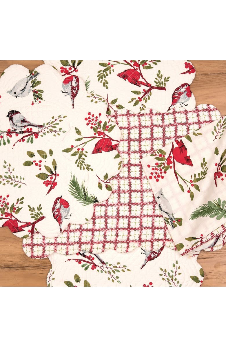 C&F Home Sprig Chickadees & Red Cardinals 100% Cotton Quilted Christmas Table Runner XMAS 14" x 51", Alternate, color, White
