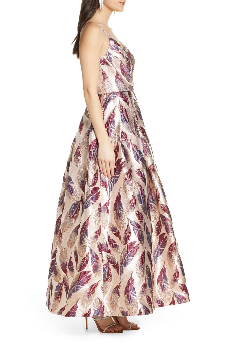 Feather Brocade A-Line Gown, Alternate, color, MERLOT/ ROSE
