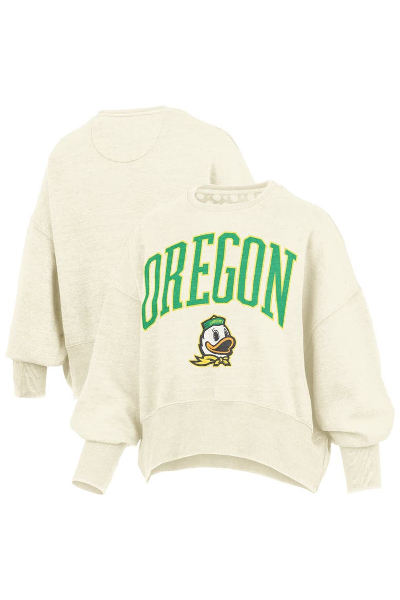 Women's Pressbox Natural Oregon Ducks Oversized Waist-Length Crewneck Sweatshirt, Main, color, Natural